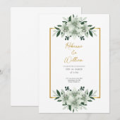 ほこりがかった白のグリーン水彩画の結婚式のカード 招待状 (正面/裏面)