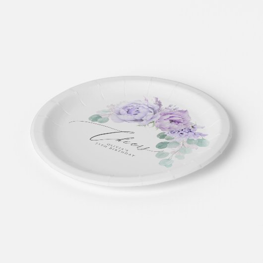 ほこりがかった紫の花のエレガントな植物のリース ペーパープレート (アングル)