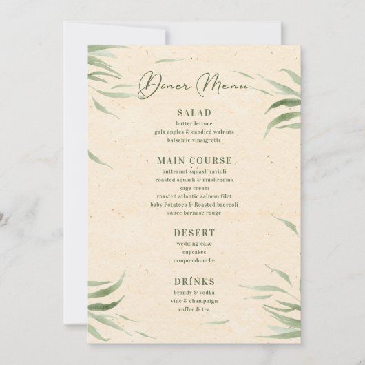 ほこりがかった緑の葉のベージュのクラフト紙のメニュー 招待状 (正面)