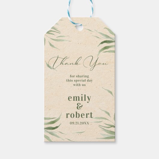 ほこりがかった緑の葉のベージュクラフトペーパー ギフトタグ (正面)