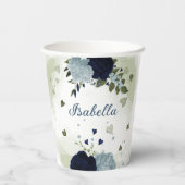 ほこりがかった青とネイビーブルーの花の緑 紙コップ (裏面)