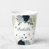 ほこりがかった青とネイビーブルーの花の緑 紙コップ (正面)