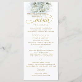 ほこりがかった青のロマンチックな花モチーフのゴールドカリグラフィー メニュー