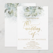 ほこりがかった青のロマンチックな花模様の金のカリグラフィー 招待状 (正面/裏面)