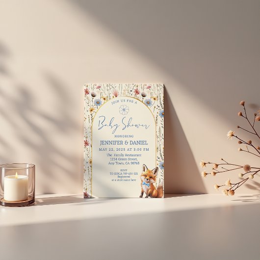 ほこりっぽいお洒落ブルーウッドランドキツネベビーシャワー 招待状