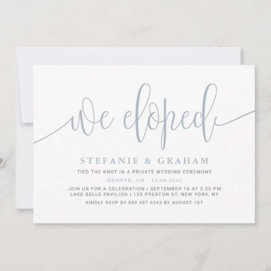 ほこりっぽいかわいらし青い書結婚道の駆け落ち 招待状 (正面)