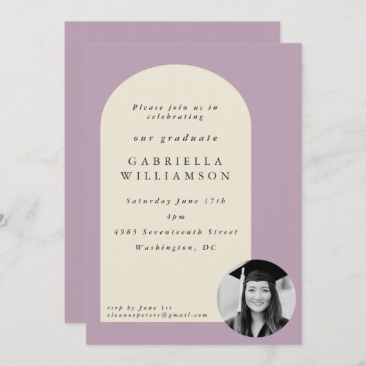 ほこりっぽいはっきりした薄紫シェイプフォト卒業パーティー 招待状 (正面/裏面)