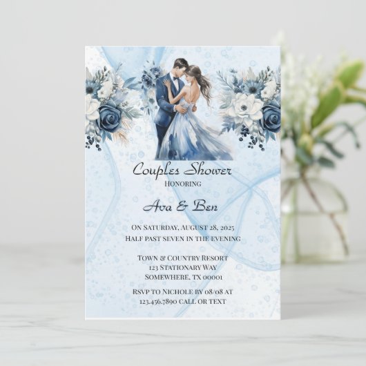ほこりっぽいアルコールインクフローラカップルのシャワー 招待状 (スタンド正面)