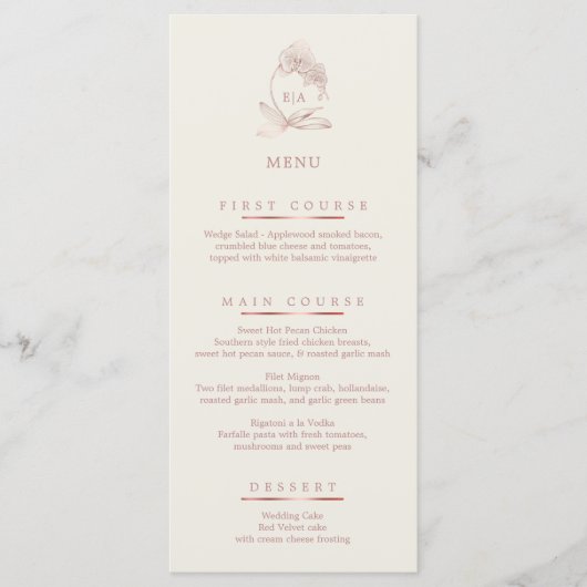 ほこりっぽいエレガントバラとアイボリーオーキッド結婚のメニュー メニュー (正面)