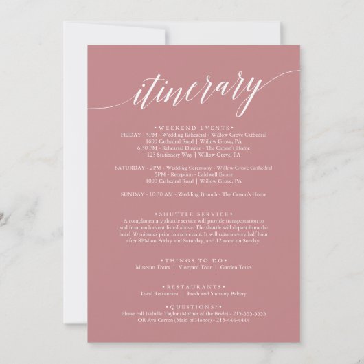 ほこりっぽいエレガントバラウェルカムレター&旅程 (裏面)