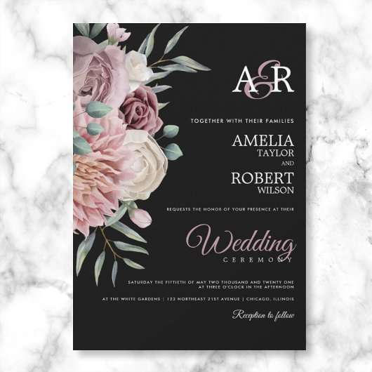 ほこりっぽいエレガントバラピンクの水カラーフローラブラック 招待状