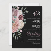 ほこりっぽいエレガントバラピンクの水カラーフローラブラック 招待状 (正面)
