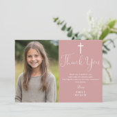 ほこりっぽいエレガントバラピンク写真第1聖餐式 サンキューカード (スタンド正面)