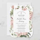 ほこりっぽいエレガントピンクのフローラクロスバプテスマ 招待状 (正面)