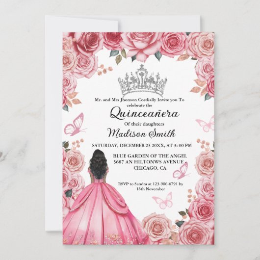 ほこりっぽいエレガントピンクのフローラ蝶キンセアニェラ 招待状 (正面)