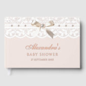 ほこりっぽいエレガントピンクパール弓レース赤ちゃんシャワー ゲストブック (正面)