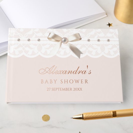 ほこりっぽいエレガントピンクパール弓レース赤ちゃんシャワー ゲストブック