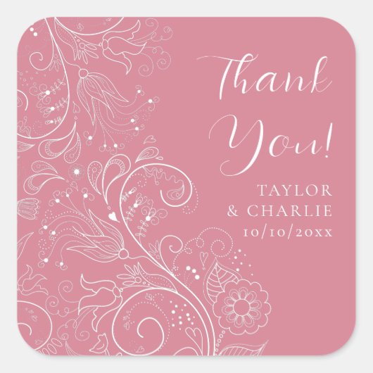 ほこりっぽいエレガントピンクフローラ結婚の感謝 スクエアシール (正面)