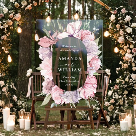 ほこりっぽいエレガントピンクボホの花結婚の歓迎 アクリルサイン