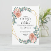 ほこりっぽいエレガントピンクローズと金ゴールドフローラ結婚ズ 招待状 (スタンド正面)