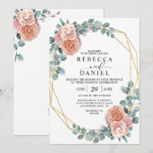 ほこりっぽいエレガントピンクローズと金ゴールドフローラ結婚ズ 招待状 (正面/裏面)