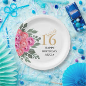 ほこりっぽいエレガントピンクローズグリーナリー金ゴールドスウィート16 ペーパープレート (パーティー)