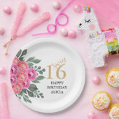 ほこりっぽいエレガントピンクローズグリーナリー金ゴールドスウィート16 ペーパープレート (パーティー)