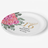 ほこりっぽいエレガントピンクローズグリーナリー金ゴールドスウィート16 ペーパープレート (アングル)