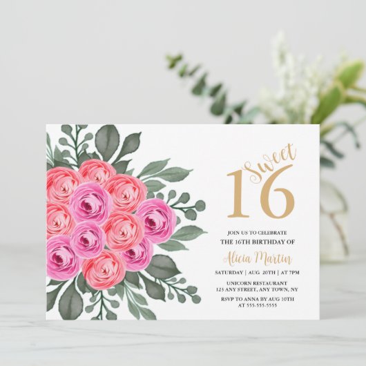 ほこりっぽいエレガントピンクローズグリーナリー金ゴールドスウィート16 招待状 (スタンド正面)