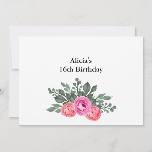 ほこりっぽいエレガントピンクローズグリーナリー金ゴールドスウィート16 招待状 (裏面)