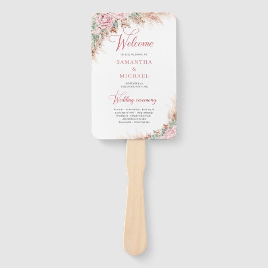 ほこりっぽいエレガントピンクローズパンパスグラスと緑 ハンドファン (正面)