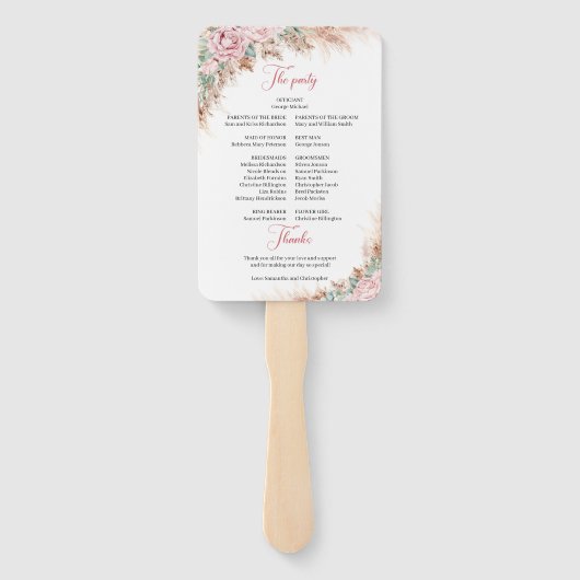 ほこりっぽいエレガントピンクローズパンパスグラスと緑 ハンドファン (裏面)