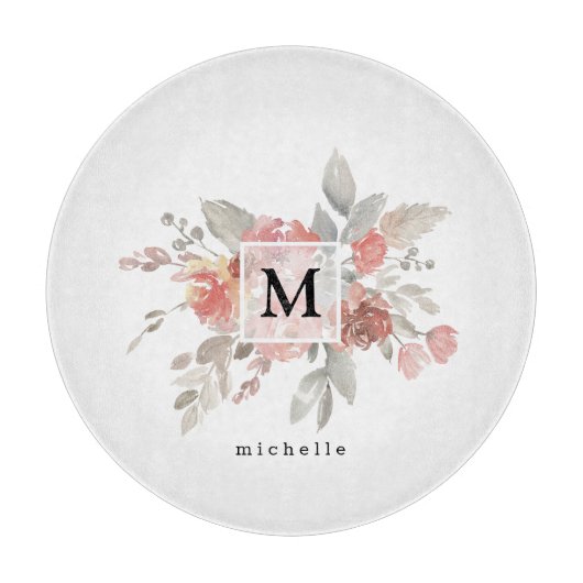 ほこりっぽいエレガントピンク灰色の花モノグラム カッティングボード (正面)