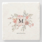 ほこりっぽいエレガントピンク灰色の花モノグラム ストーンコースター (正面)