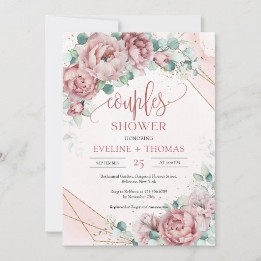 ほこりっぽいエレガントピンク色の牡丹バラカップルがシャワーを浴びる 招待状 (正面)