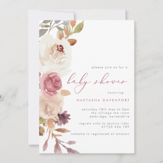 ほこりっぽいエレガントピンク色の花赤ちゃんシャワー 招待状 (正面)