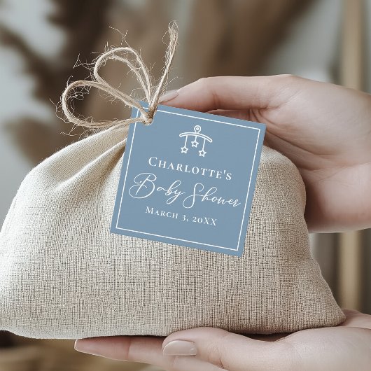 ほこりっぽいエレガントブルーのおもちゃモバイル赤ちゃんシャワー フェイバータグ