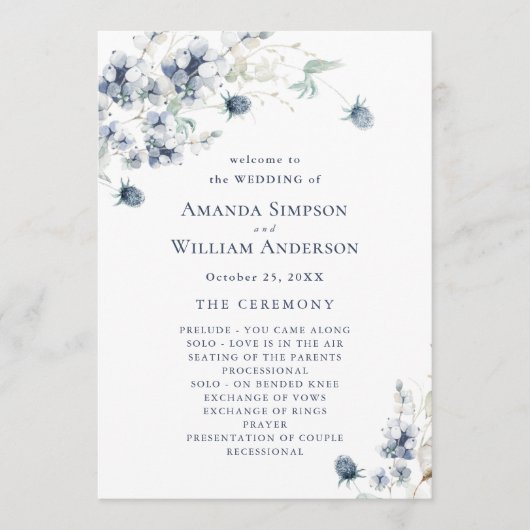ほこりっぽいエレガントブルーの冬の結婚式 プログラム (正面)
