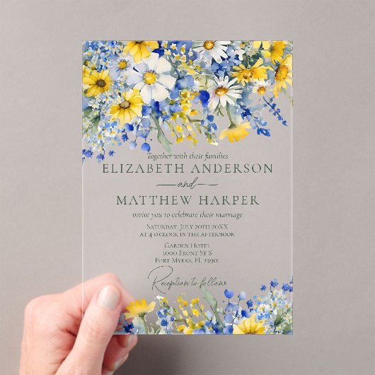 ほこりっぽいエレガントブルーイエローワイルドフラワーズボホ結婚の アクリル招待状 (インサイチュ (ポータブル))