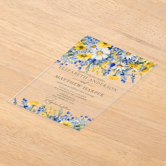 ほこりっぽいエレガントブルーイエローワイルドフラワーズボホ結婚の アクリル招待状 (レイダウン)