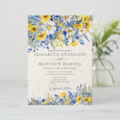 ほこりっぽいエレガントブルーイエローワイルドフラワーズボホ結婚の 招待状 (スタンド正面)