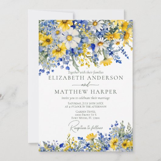 ほこりっぽいエレガントブルーイエローワイルドフラワーズボホ結婚の 招待状 (正面)