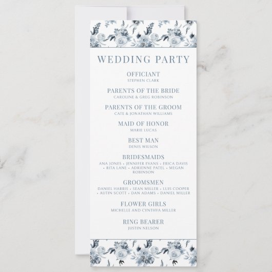 ほこりっぽいエレガントブルーグレーの花の結婚式 プログラム (裏面)