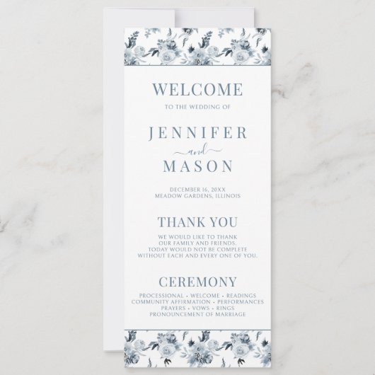 ほこりっぽいエレガントブルーグレーの花の結婚式 プログラム (正面)