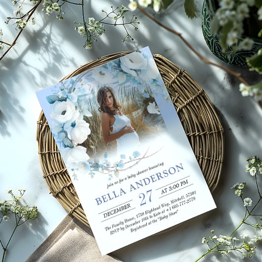 ほこりっぽいエレガントブルーフローラベビーシャワー 招待状