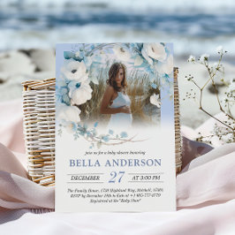 ほこりっぽいエレガントブルーフローラベビーシャワー 招待状