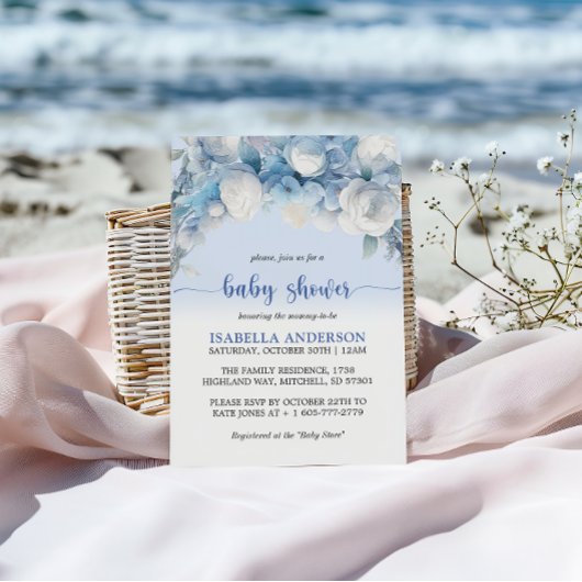 ほこりっぽいエレガントブルーフローラベビーシャワー 招待状