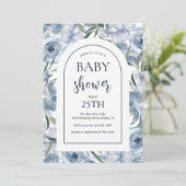 ほこりっぽいエレガントブルーフローラベビーシャワー 招待状 (スタンド正面)