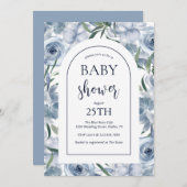 ほこりっぽいエレガントブルーフローラベビーシャワー 招待状 (正面/裏面)