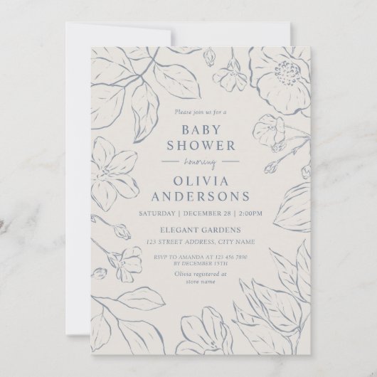 ほこりっぽいエレガントブルーラインアートボタニカルベイビーシャワー 招待状 (正面)
